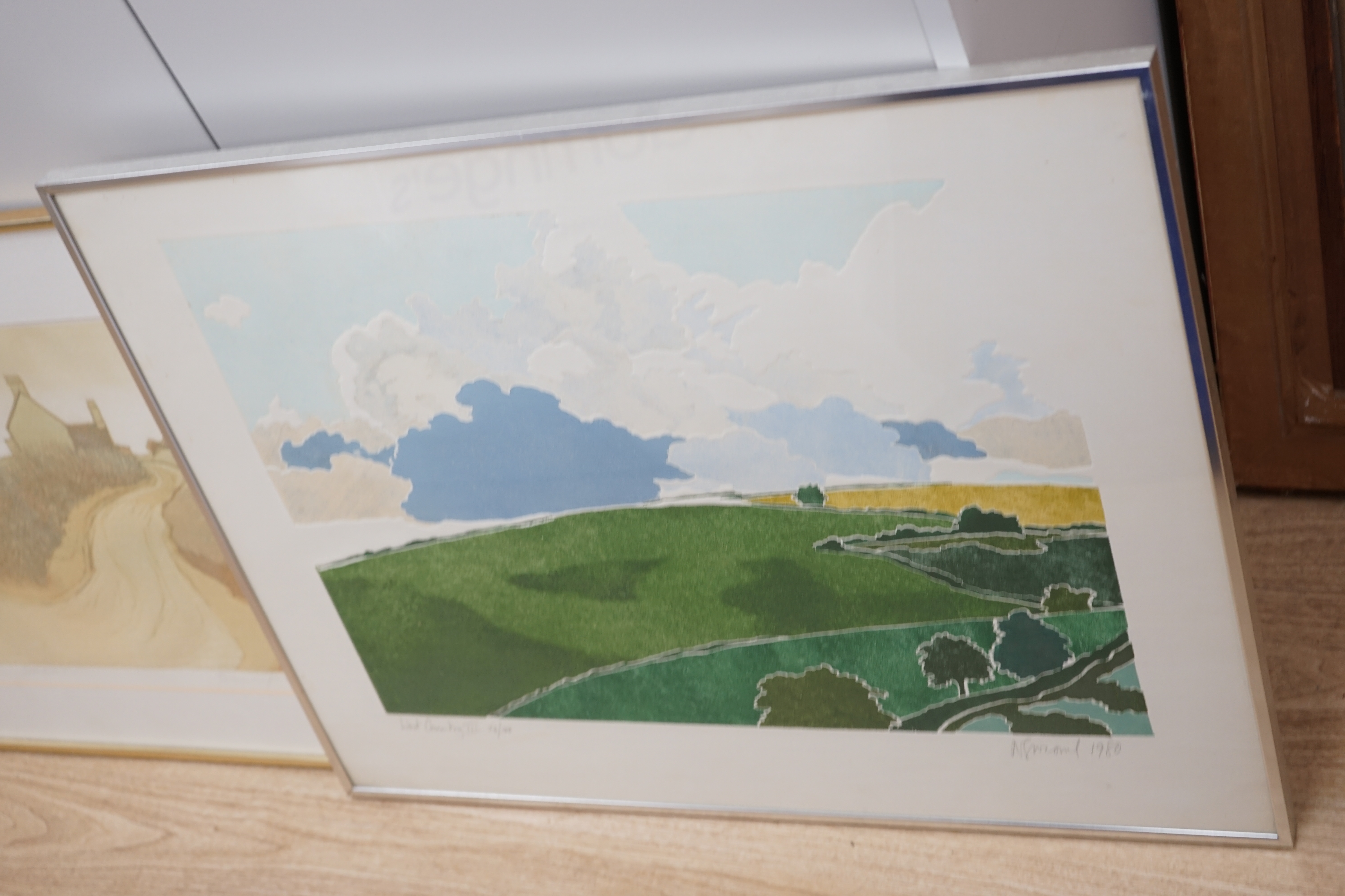 Four pencil signed colour etchings, including 'West Country III', by Barbara Newcomb, limited edition 24/100 and an artist's proof example, indistinctly signed, largest 54 x 71cm. Condition - poor to fair, discolouration
